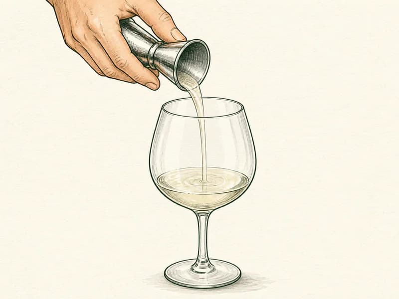 Instructional sketch: Measure and pour spirit whiskey into the large wine glass without serving ice.