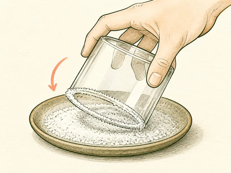 Instructional sketch: Roll the rim of the empty rocks glass through salt.