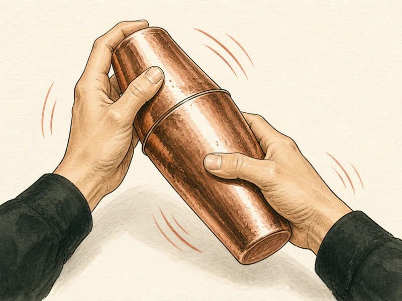 Instructional sketch: Seal the two-piece shaker and shake it firmly with both hands.