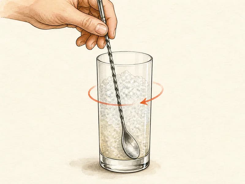 Instructional sketch: Stir the green drink around the ice in the highball glass.