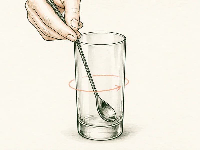 Instructional sketch: Stir the green drink around the ice in the highball glass.