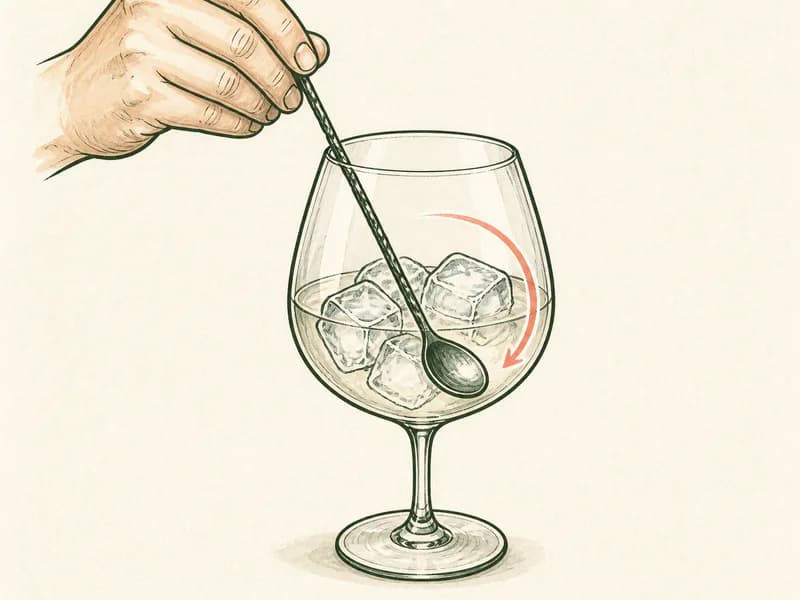 Instructional sketch: Stir the orange drink around the ice in the large wine glass.