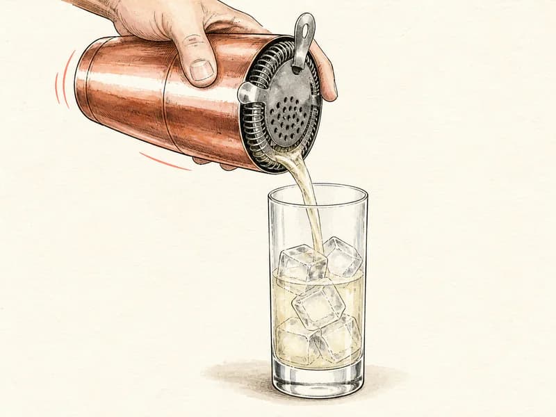 Instructional sketch: Strain the orange cocktail from the shaker into the highball glass with cubed ice.