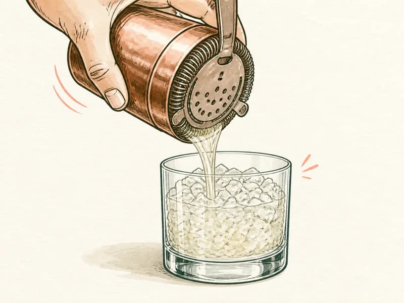 Instructional sketch: Strain the orange cocktail from the shaker into the rocks glass with crushed ice.