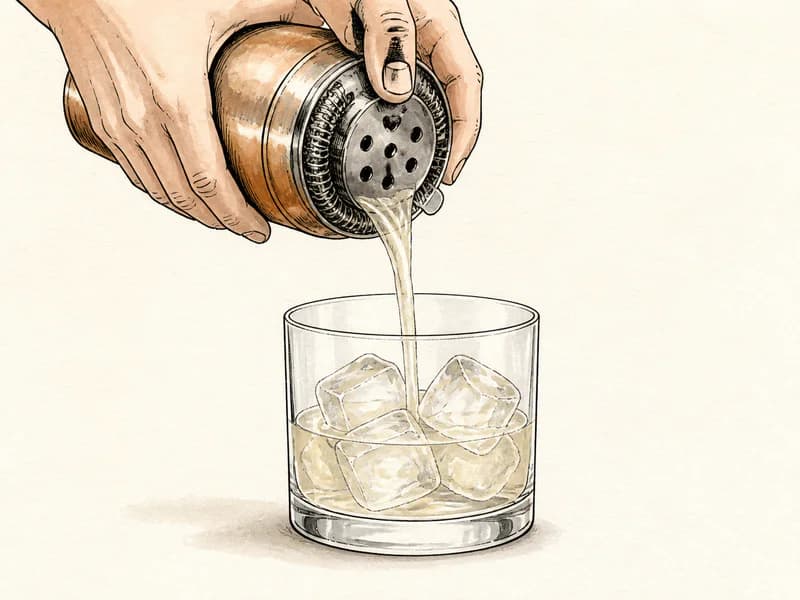 Instructional sketch: Strain the green cocktail from the shaker into the rocks glass with cubed ice.