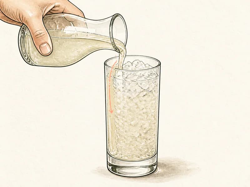 Instructional sketch: Top the green drink gently with mixer carbonated in the highball glass with crushed ice.
