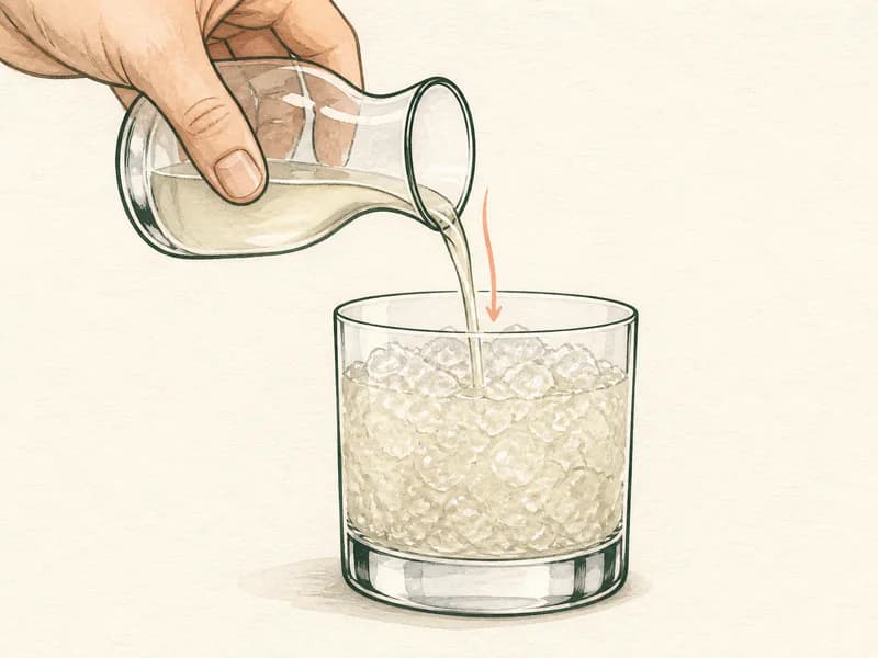 Instructional sketch: Top the gold drink gently with liqueur cassis in the rocks glass with crushed ice.