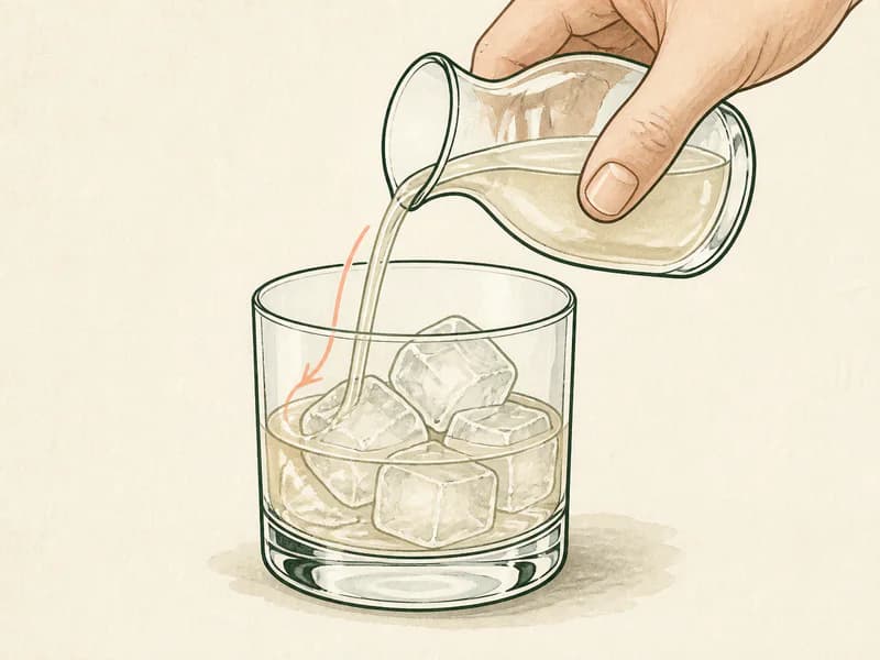 Instructional sketch: Top the orange drink gently with spirit whiskey in the rocks glass with cubed ice.