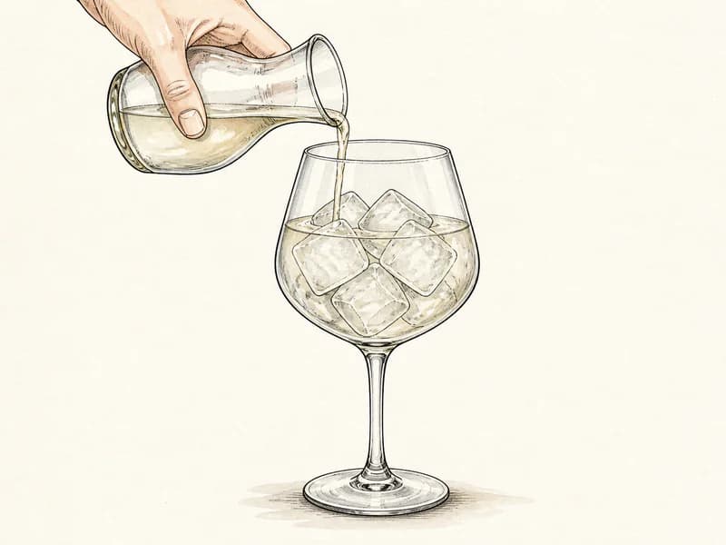 Instructional sketch: Top the orange drink gently with mixer carbonated in the large wine glass with cubed ice.
